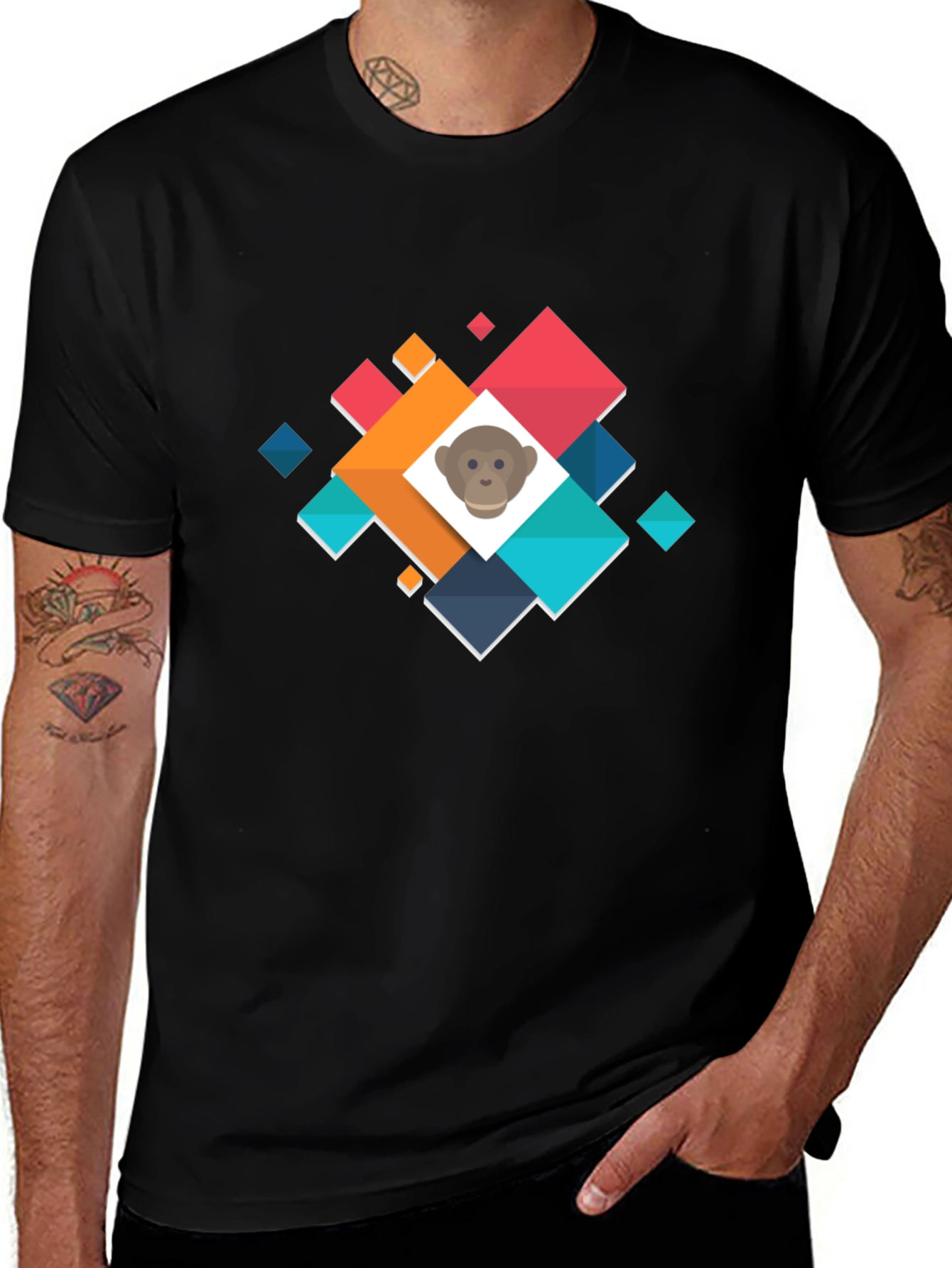 Geometric Monkey Face Graphic Black T-Shirt