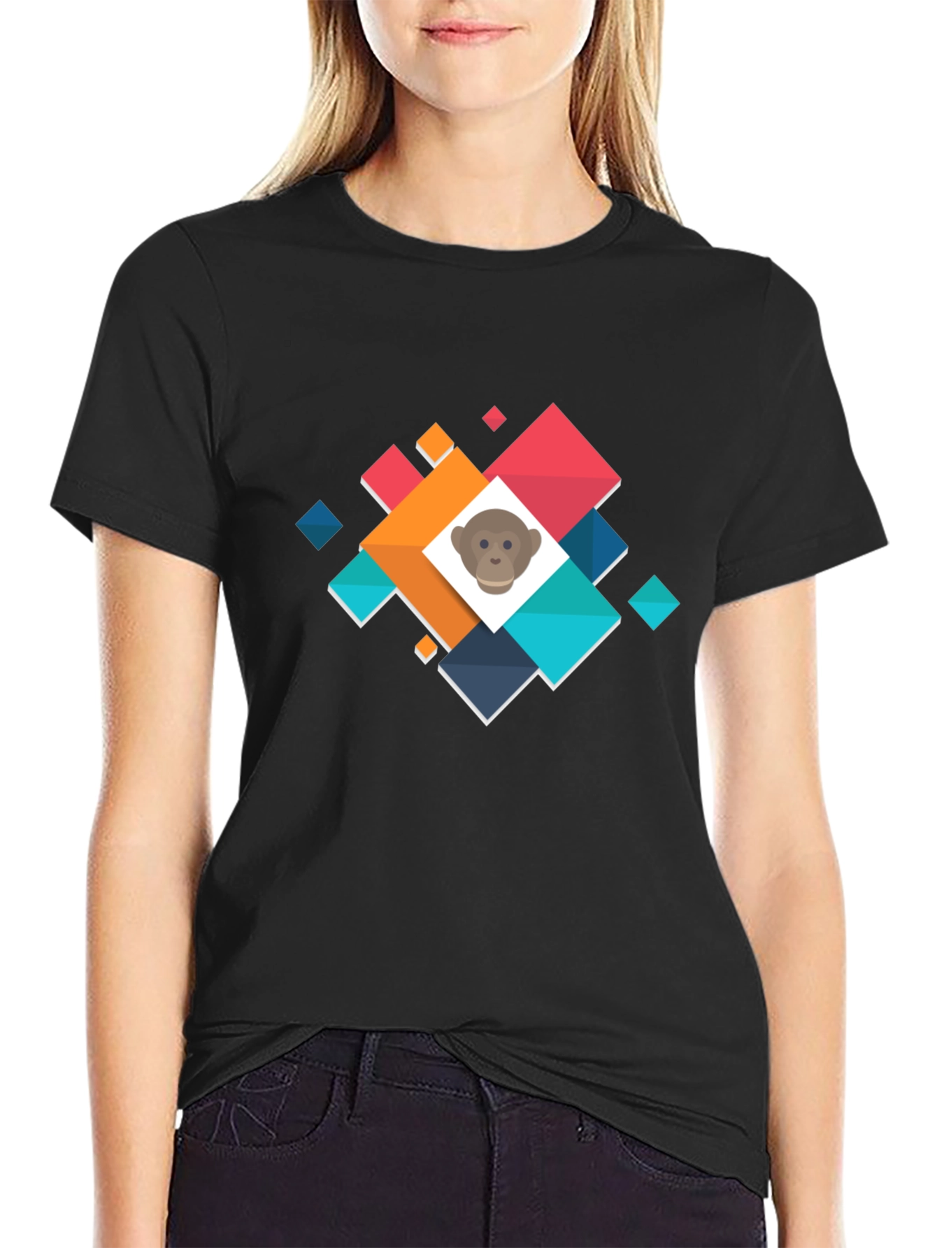 Geometric Monkey Face Graphic Black T-Shirt