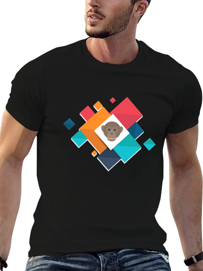 Geometric Monkey Face Graphic Black T-Shirt