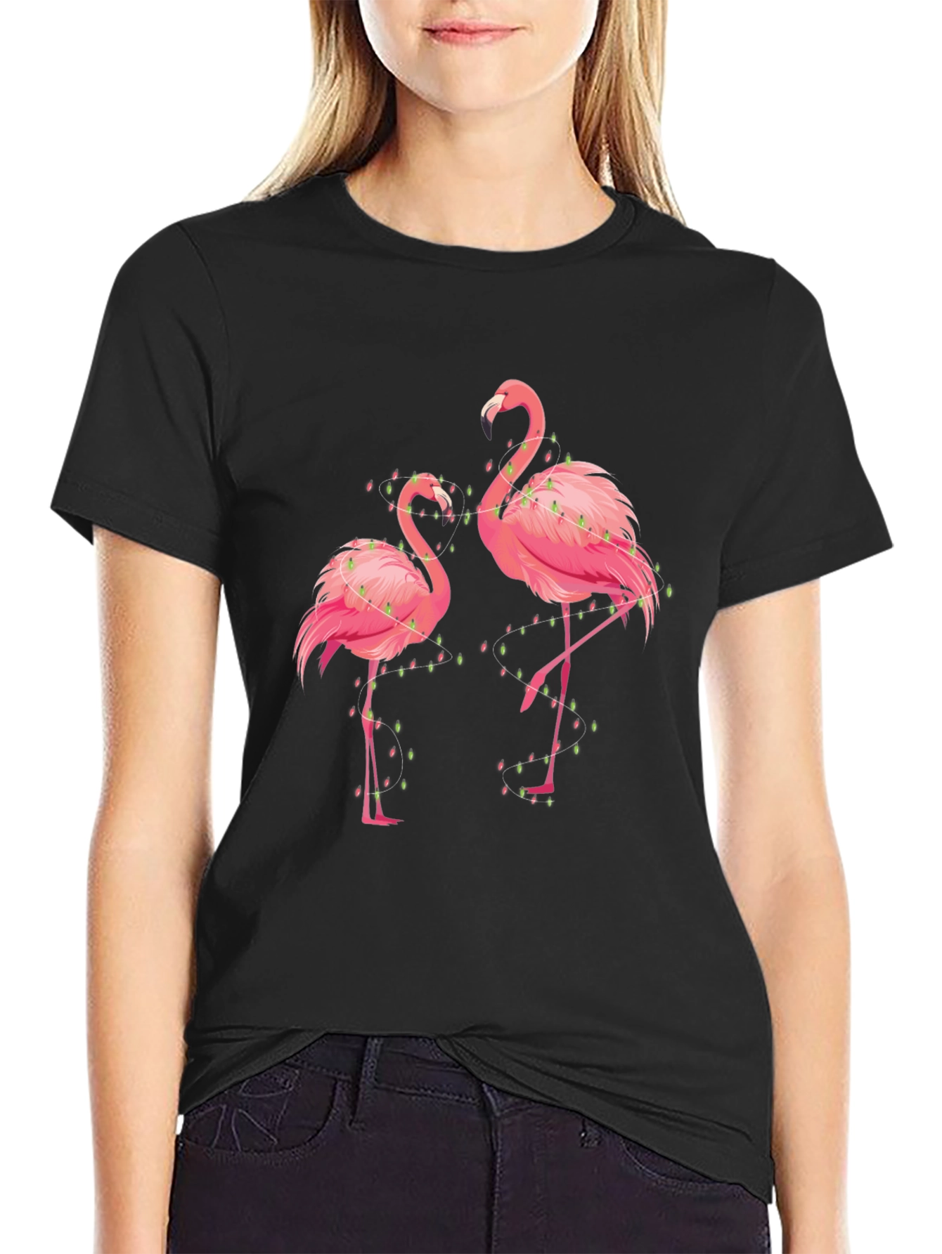 Flamingo Christmas Lights Graphic Tee - Black