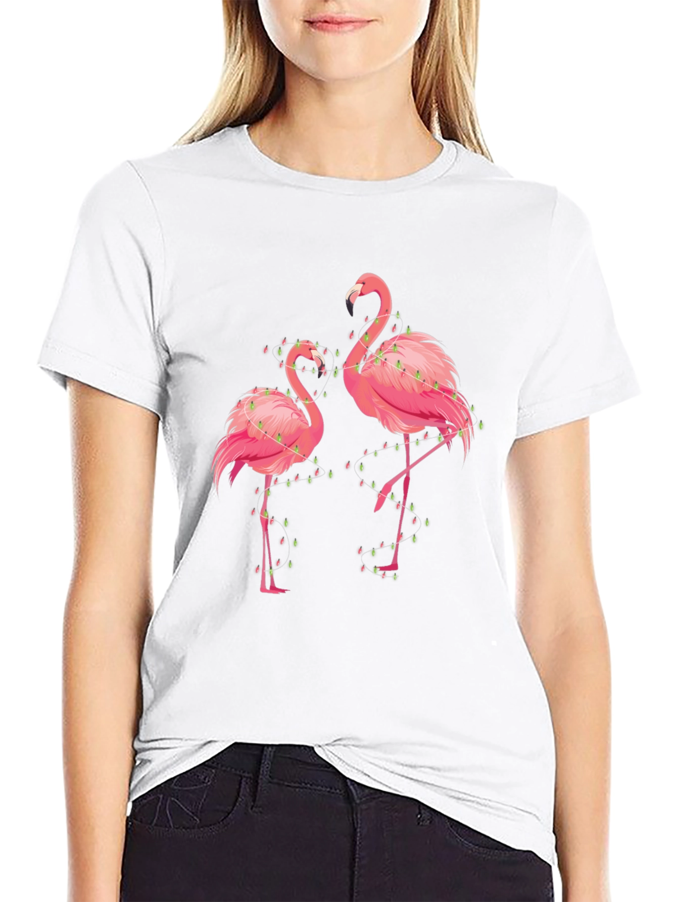 Flamingo Christmas Lights Graphic Tee - Black