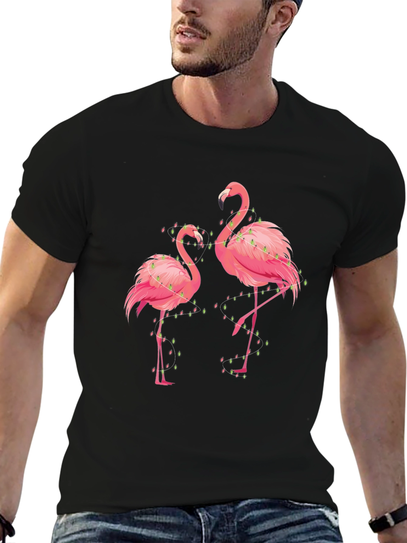 Flamingo Christmas Lights Graphic Tee - Black