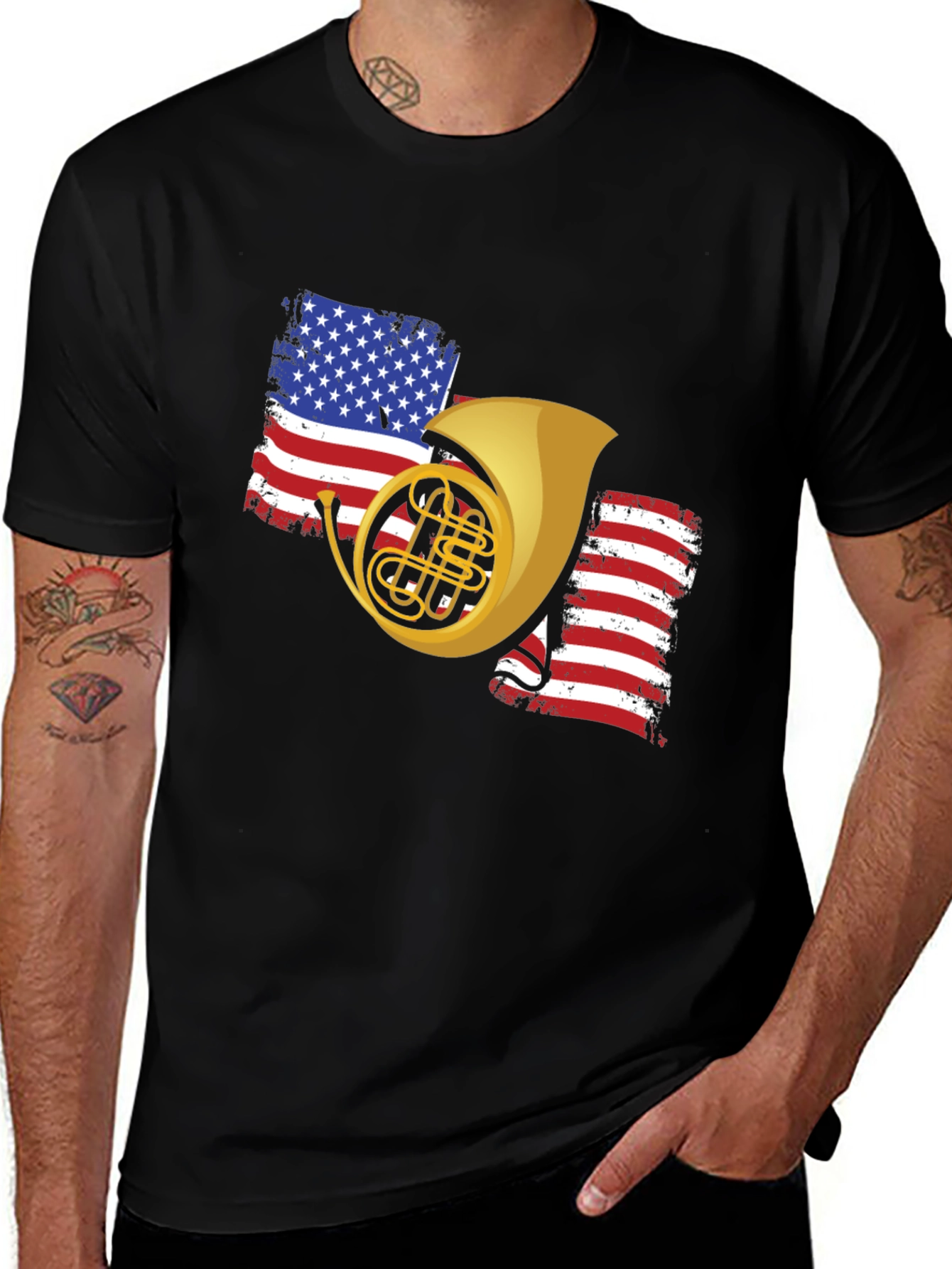 Patriotic French Horn Black T-Shirt
