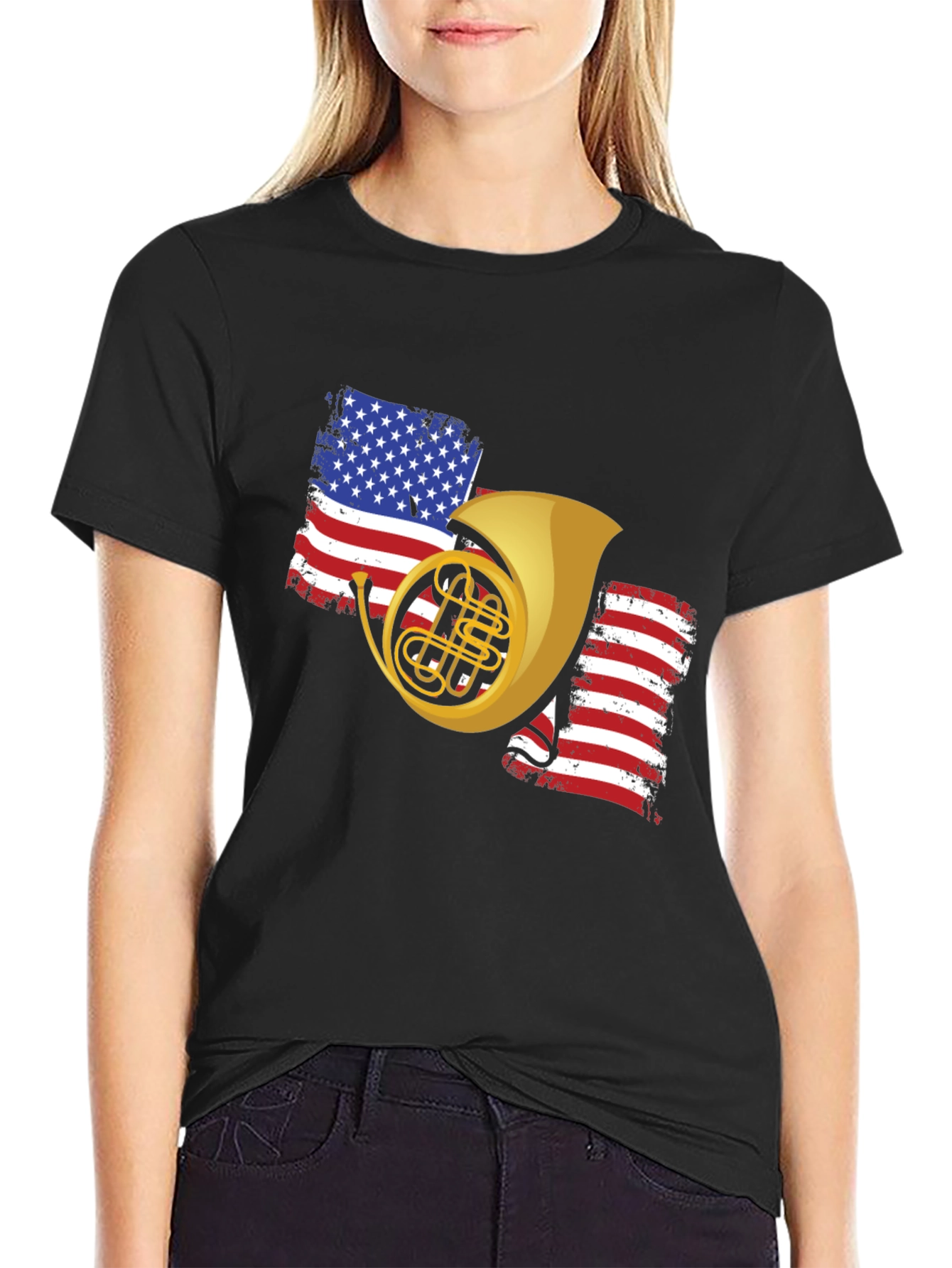 Patriotic French Horn Black T-Shirt