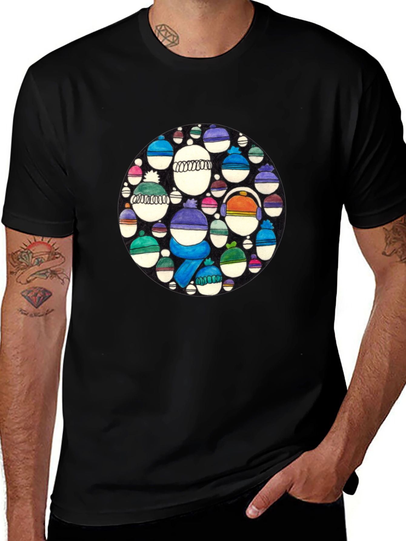 Whimsical Winter Hats Graphic Tee - Black