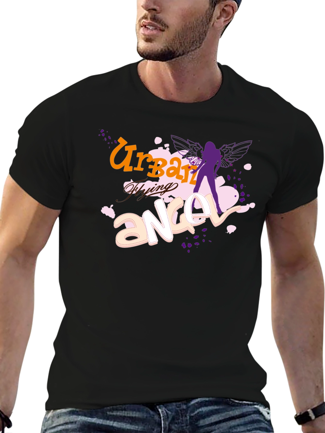 Urban Flying Angel Graphic T-Shirt - Black