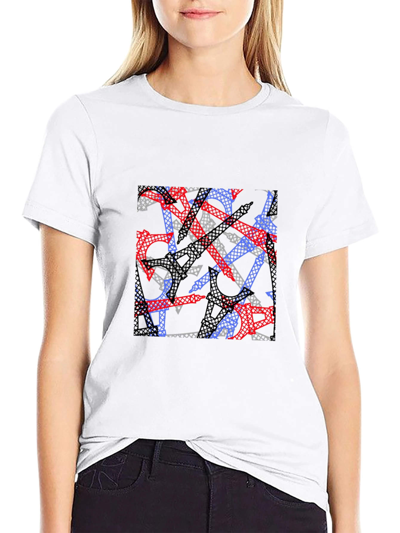 Abstract Eiffel Tower Print Black T-Shirt