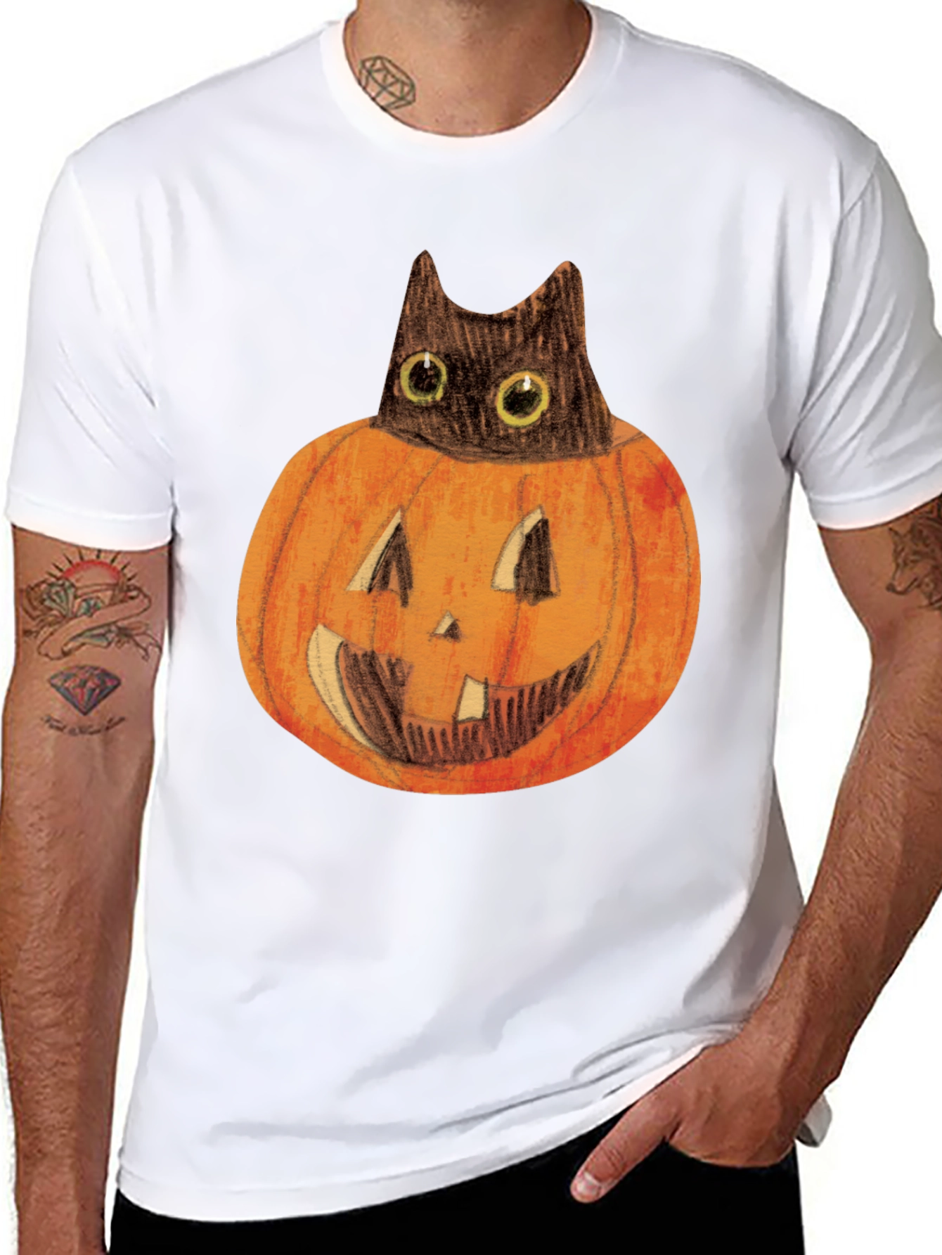 Halloween Cat in Pumpkin Mens Black T-Shirt
