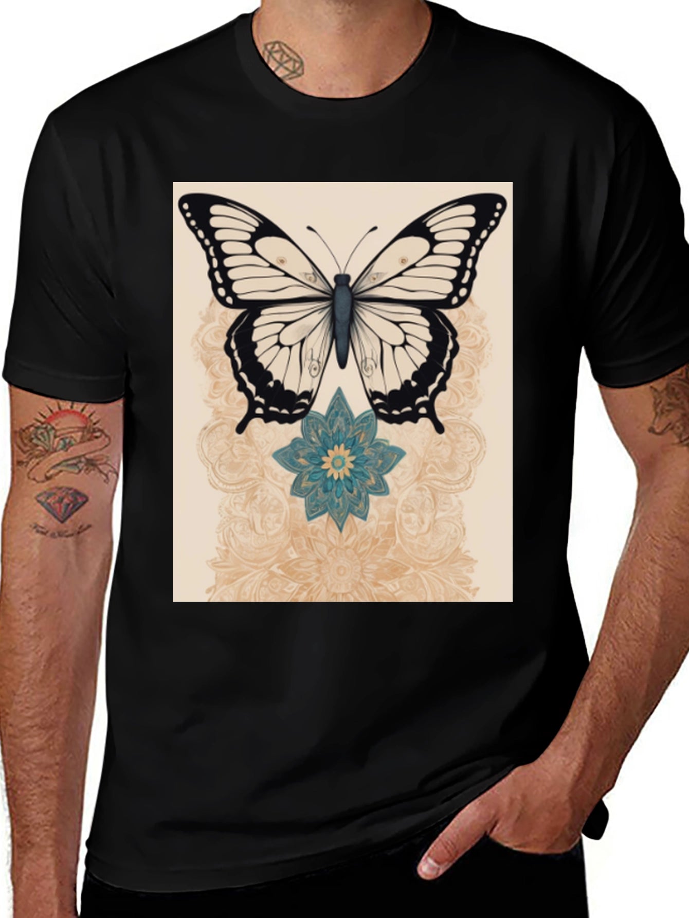 Butterfly & Flower Graphic Print Black T-Shirt