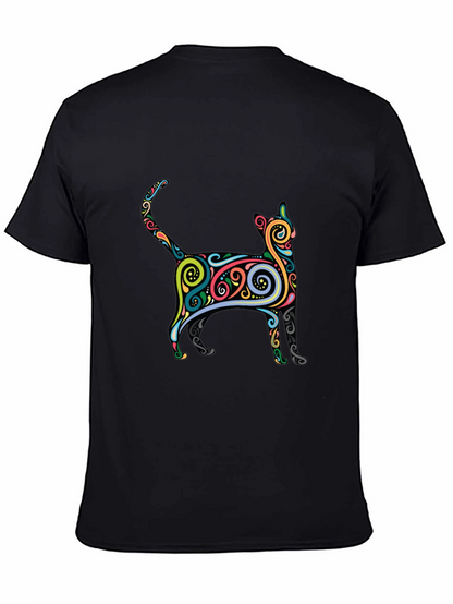 Whimsical Cat Graphic Tee - Black Cotton