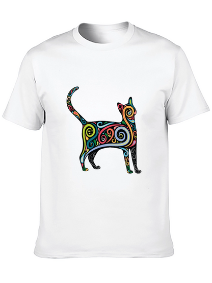 Whimsical Cat Graphic Tee - Black Cotton