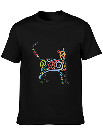 Whimsical Cat Graphic Tee - Black Cotton