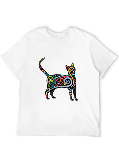 Whimsical Cat Graphic Tee - Black Cotton