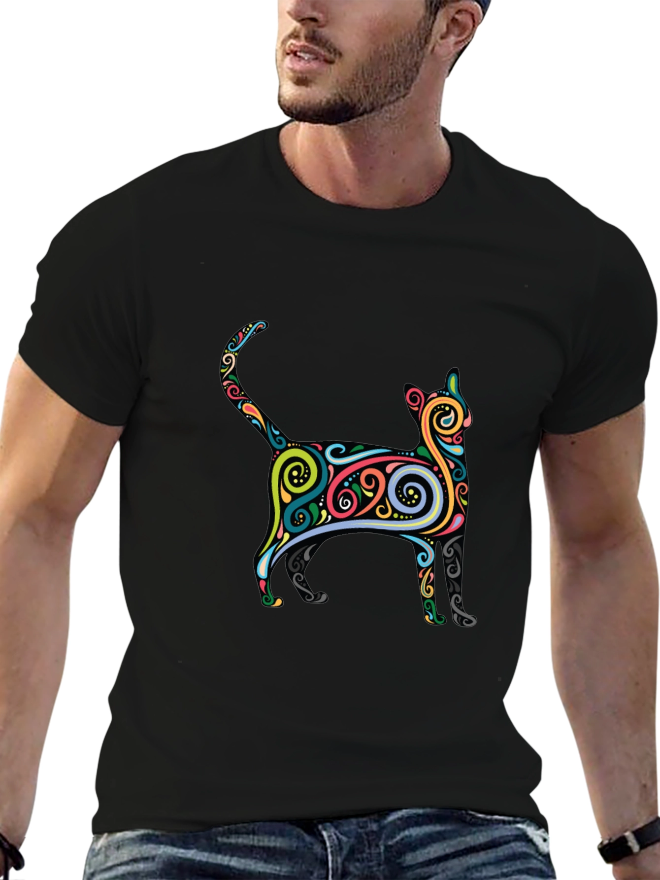 Whimsical Cat Graphic Tee - Black Cotton