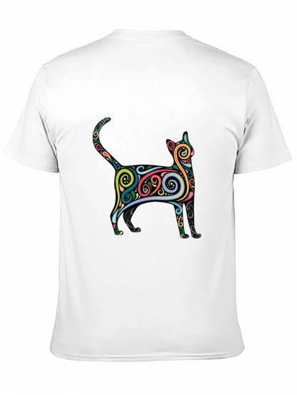Whimsical Cat Graphic Tee - Black Cotton