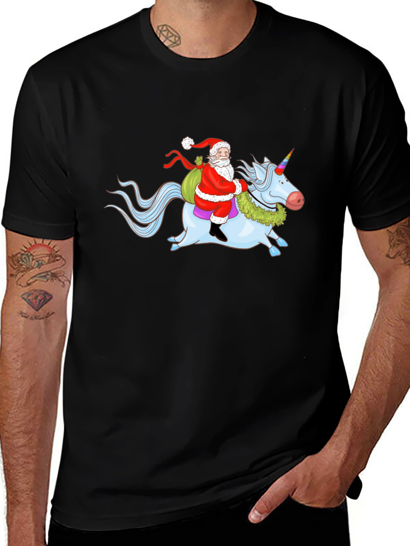 Santa Riding Unicorn Graphic T-Shirt
