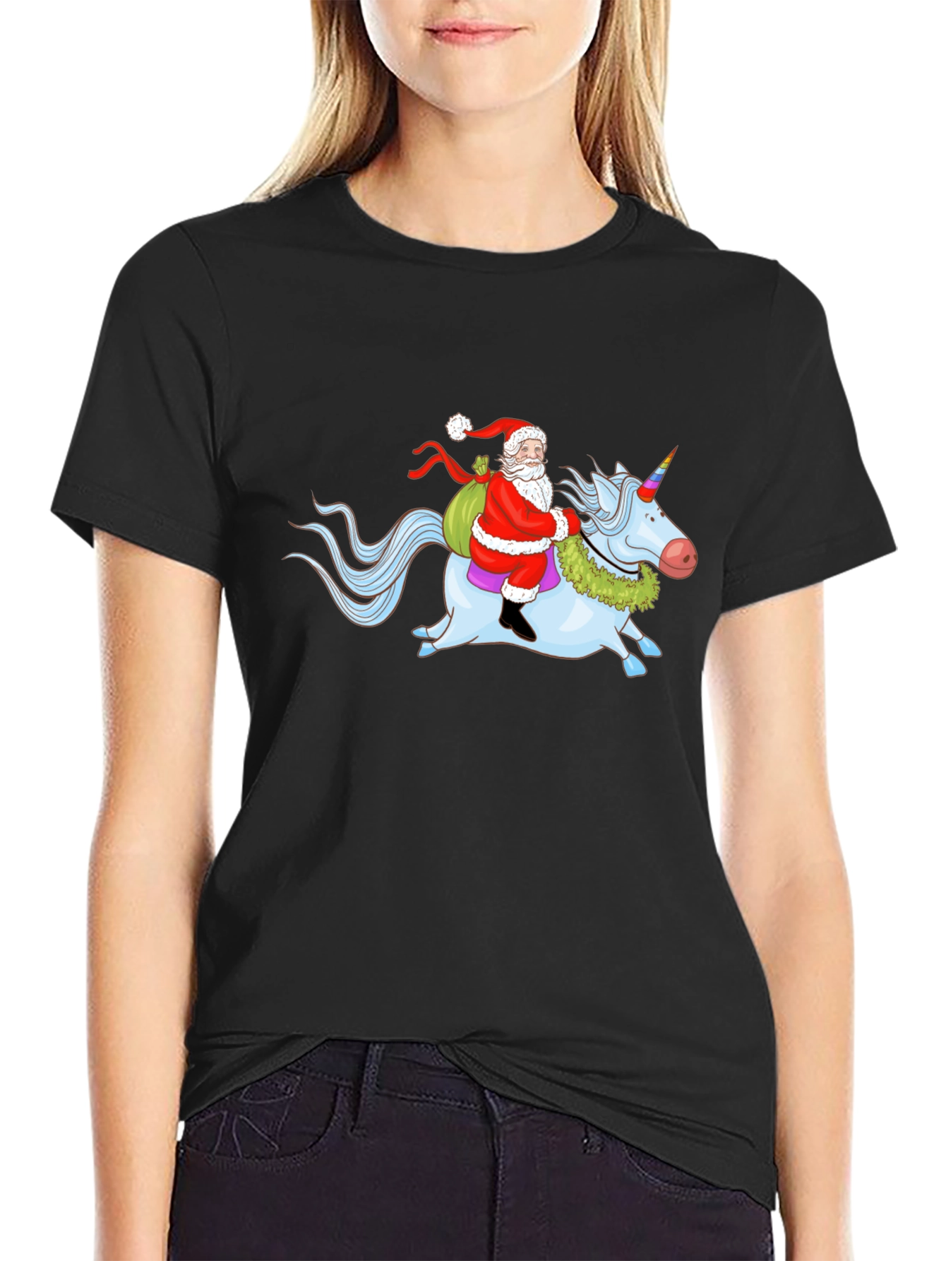 Santa Riding Unicorn Graphic T-Shirt