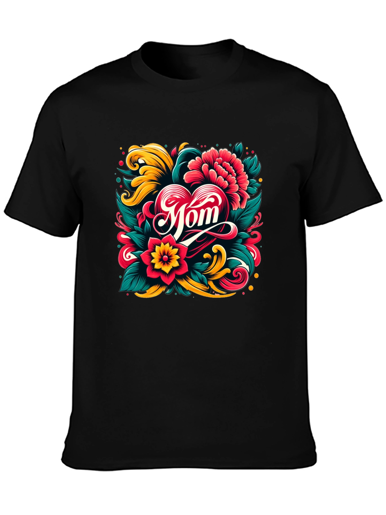 Mom Floral Heart Graphic Black T-Shirt
