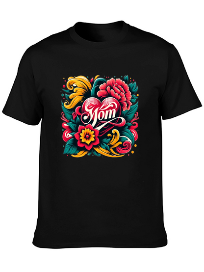 Mom Floral Heart Graphic Black T-Shirt