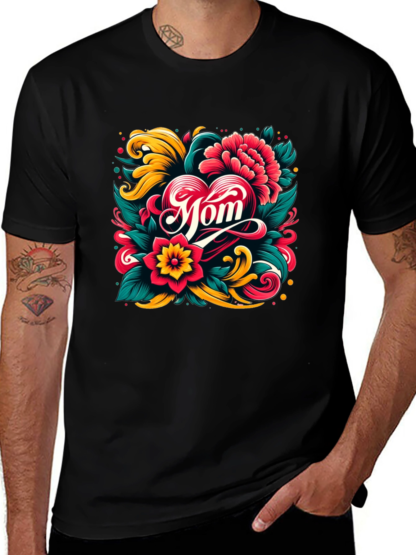 Mom Floral Heart Graphic Black T-Shirt