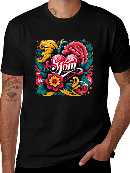Mom Floral Heart Graphic Black T-Shirt