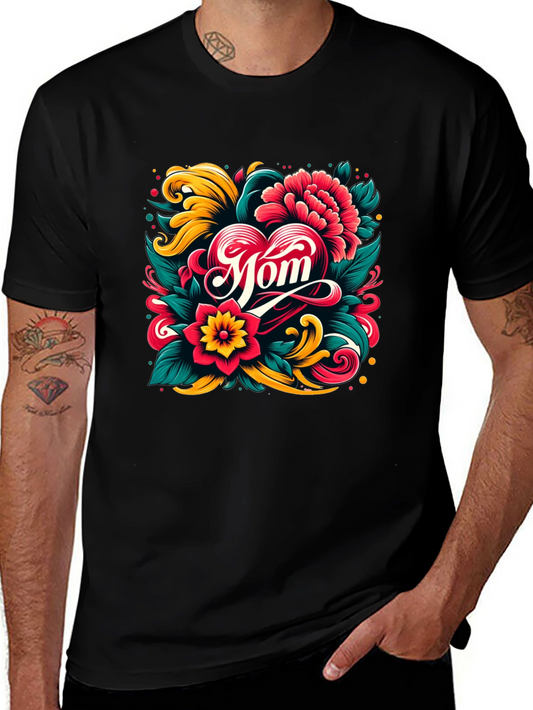 Mom Floral Heart Graphic Black T-Shirt