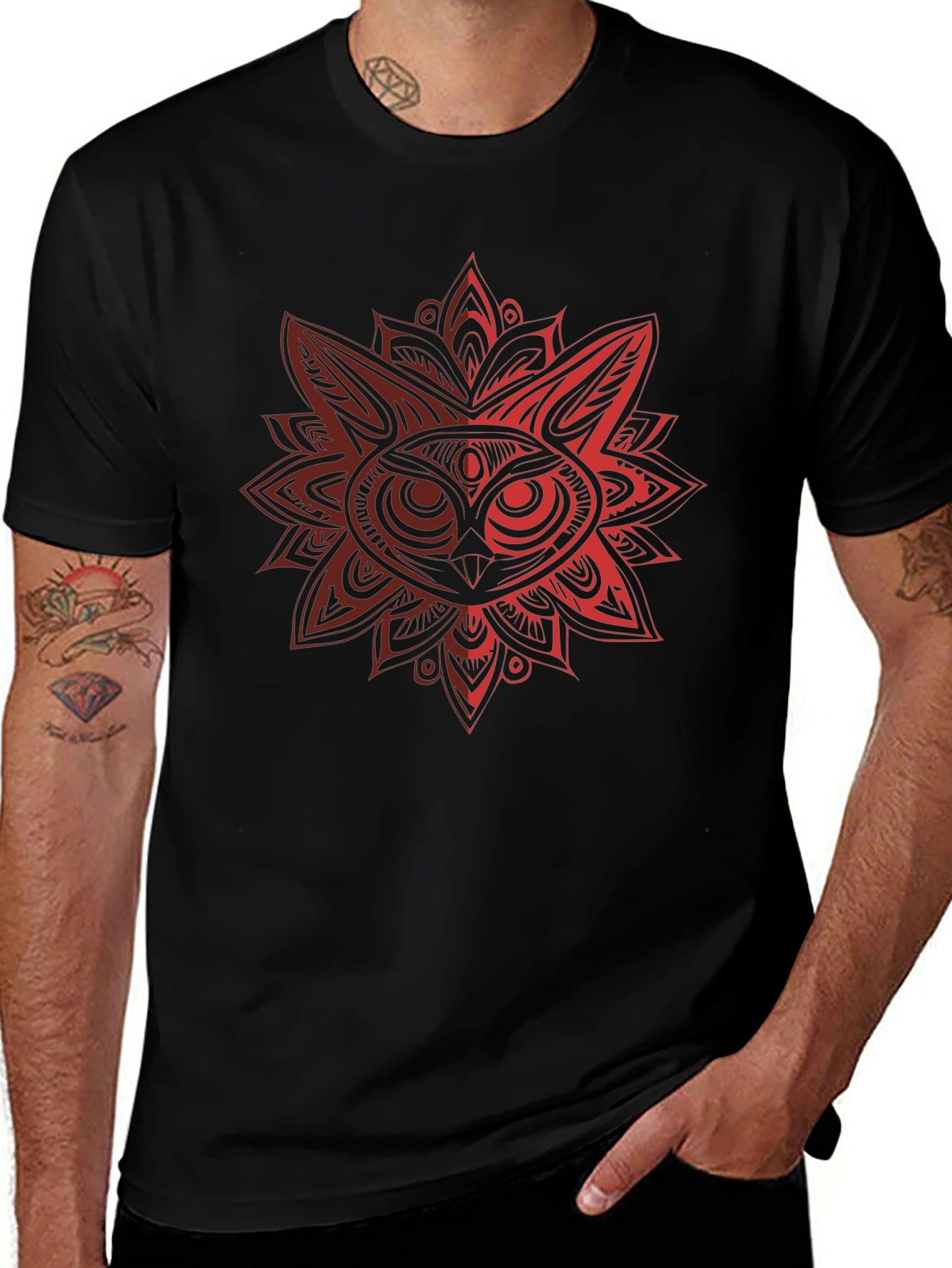 Owl Mandala Graphic Black T-Shirt