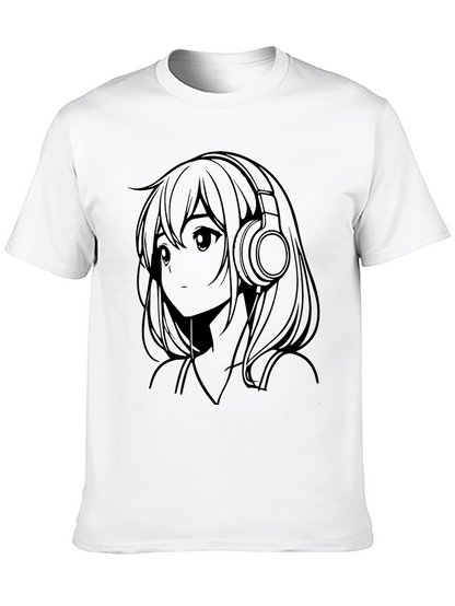 Anime Girl with Headphones Black T-Shirt