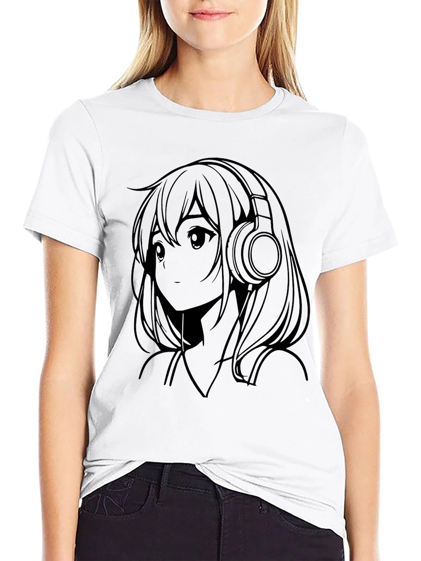 Anime Girl with Headphones Black T-Shirt