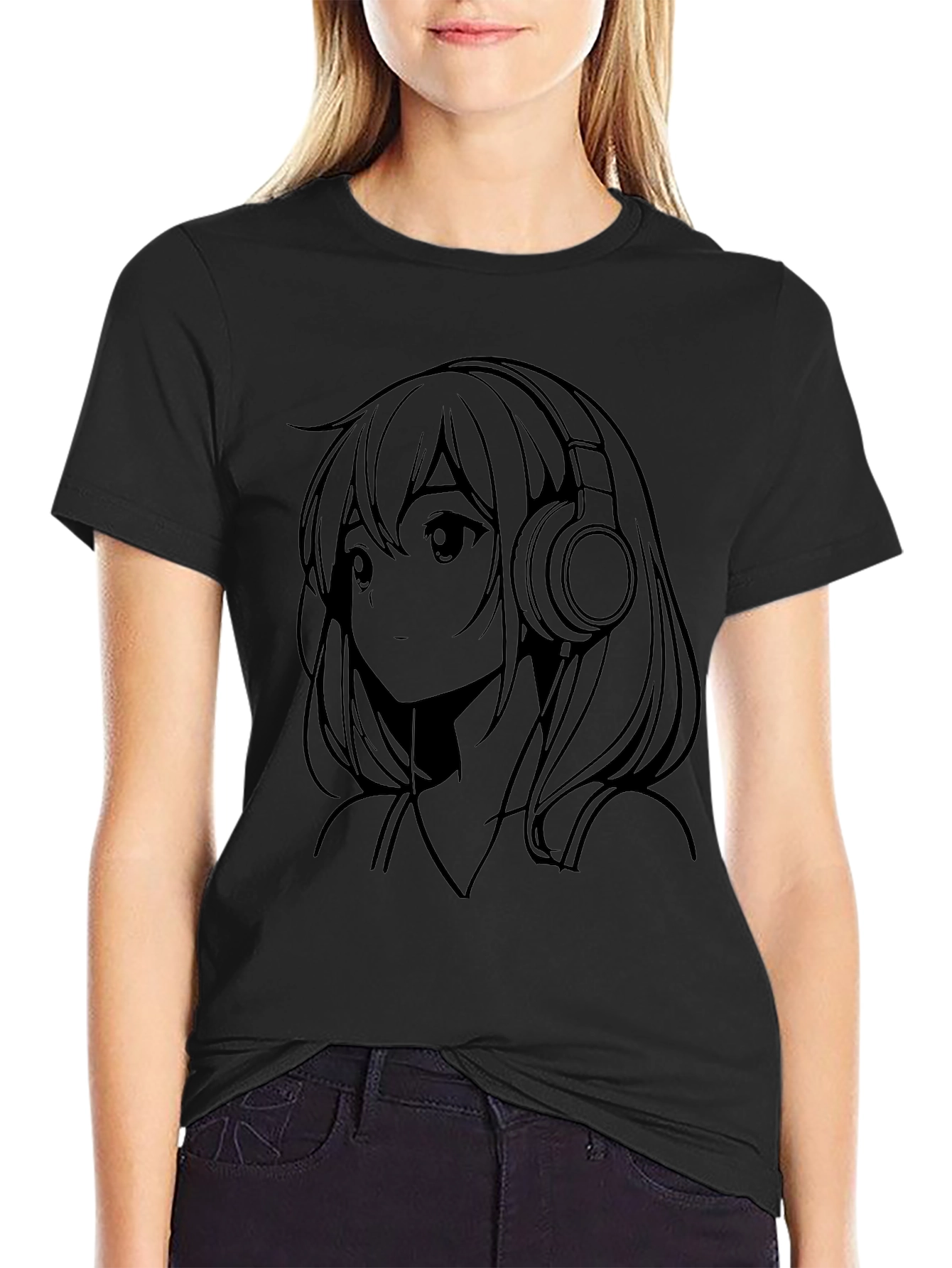 Anime Girl with Headphones Black T-Shirt
