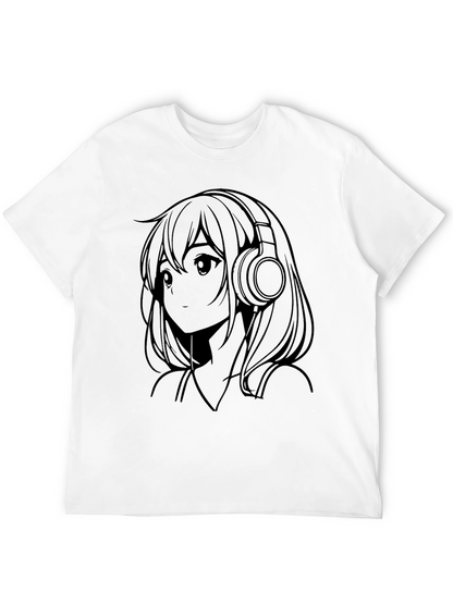 Anime Girl with Headphones Black T-Shirt