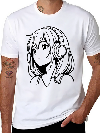 Anime Girl with Headphones Black T-Shirt