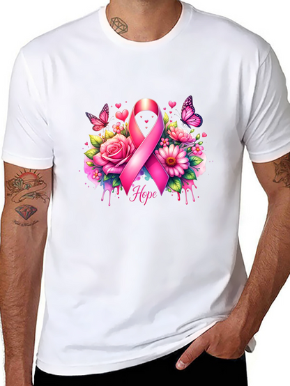 Breast Cancer Awareness T-Shirt with Pink Ribbon and Flowers