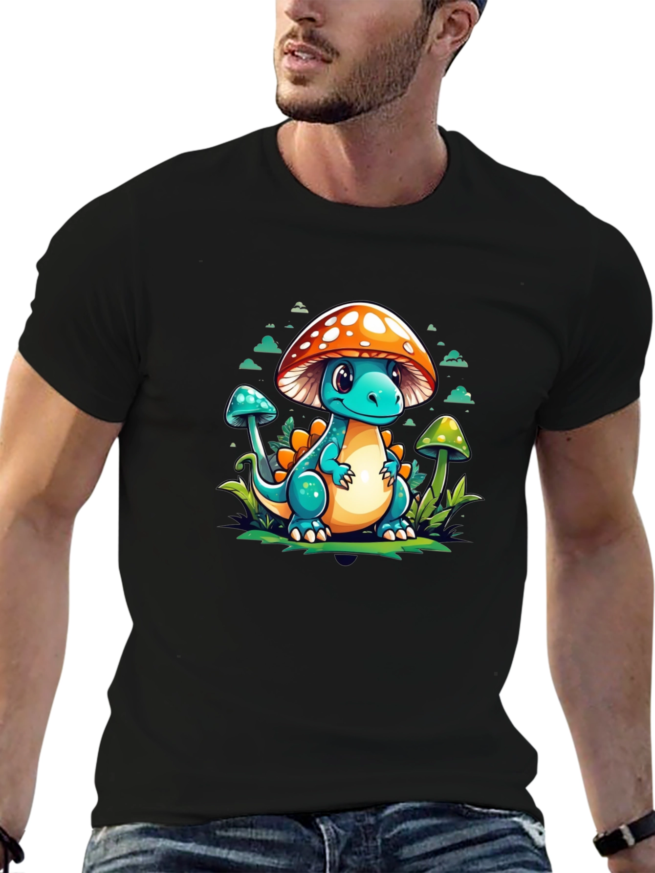 Mushroom Dino Graphic Tee - Cute Cartoon T-Shirt