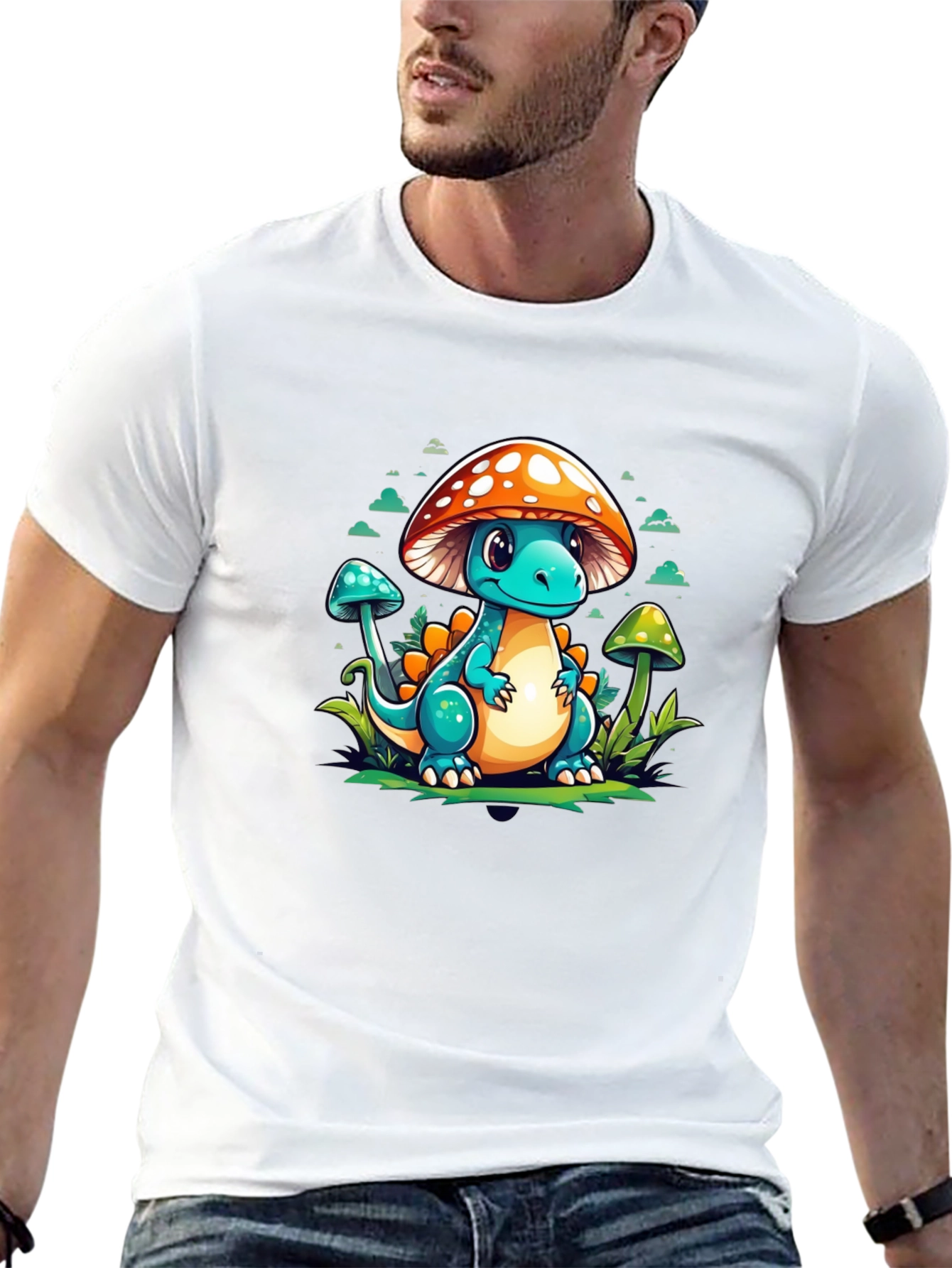 Mushroom Dino Graphic Tee - Cute Cartoon T-Shirt