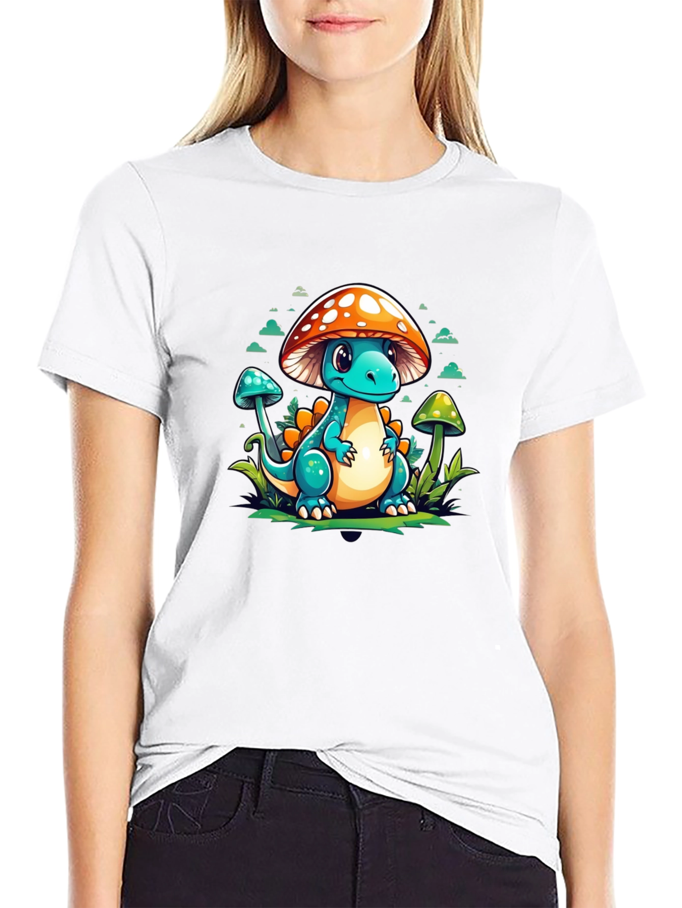 Mushroom Dino Graphic Tee - Cute Cartoon T-Shirt