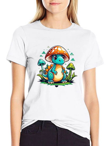 Mushroom Dino Graphic Tee - Cute Cartoon T-Shirt