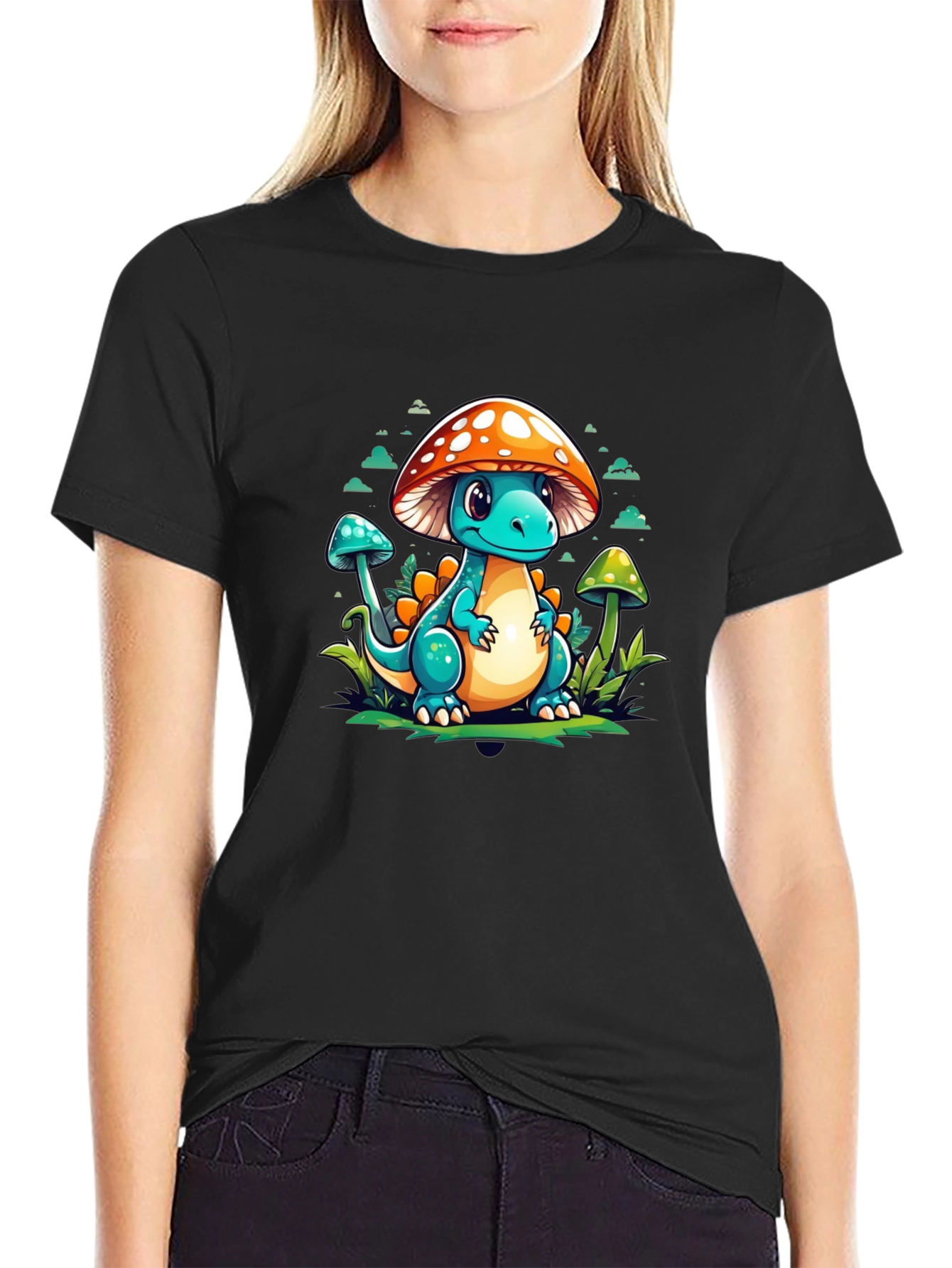 Mushroom Dino Graphic Tee - Cute Cartoon T-Shirt