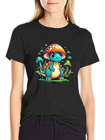 Mushroom Dino Graphic Tee - Cute Cartoon T-Shirt