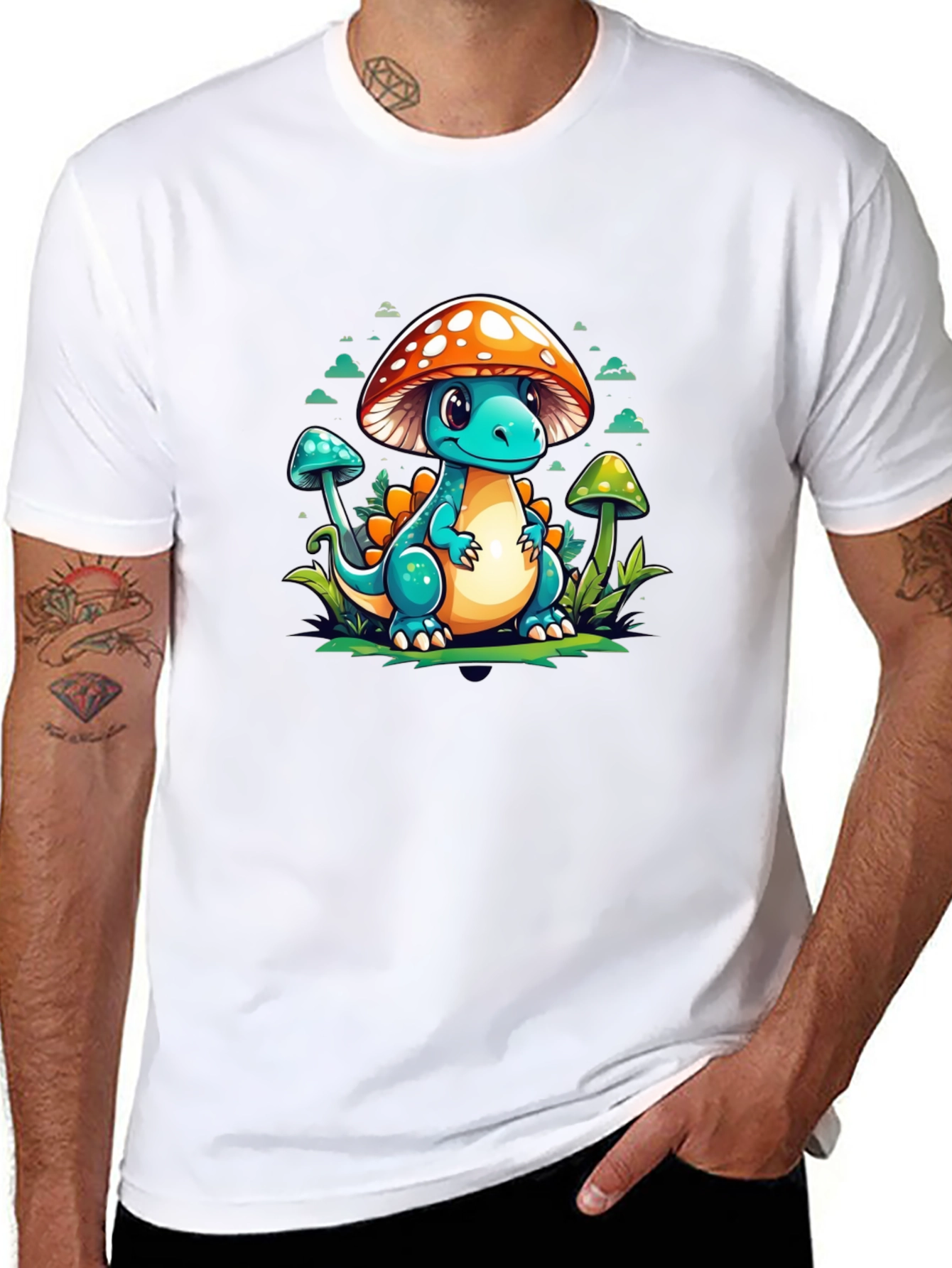 Mushroom Dino Graphic Tee - Cute Cartoon T-Shirt