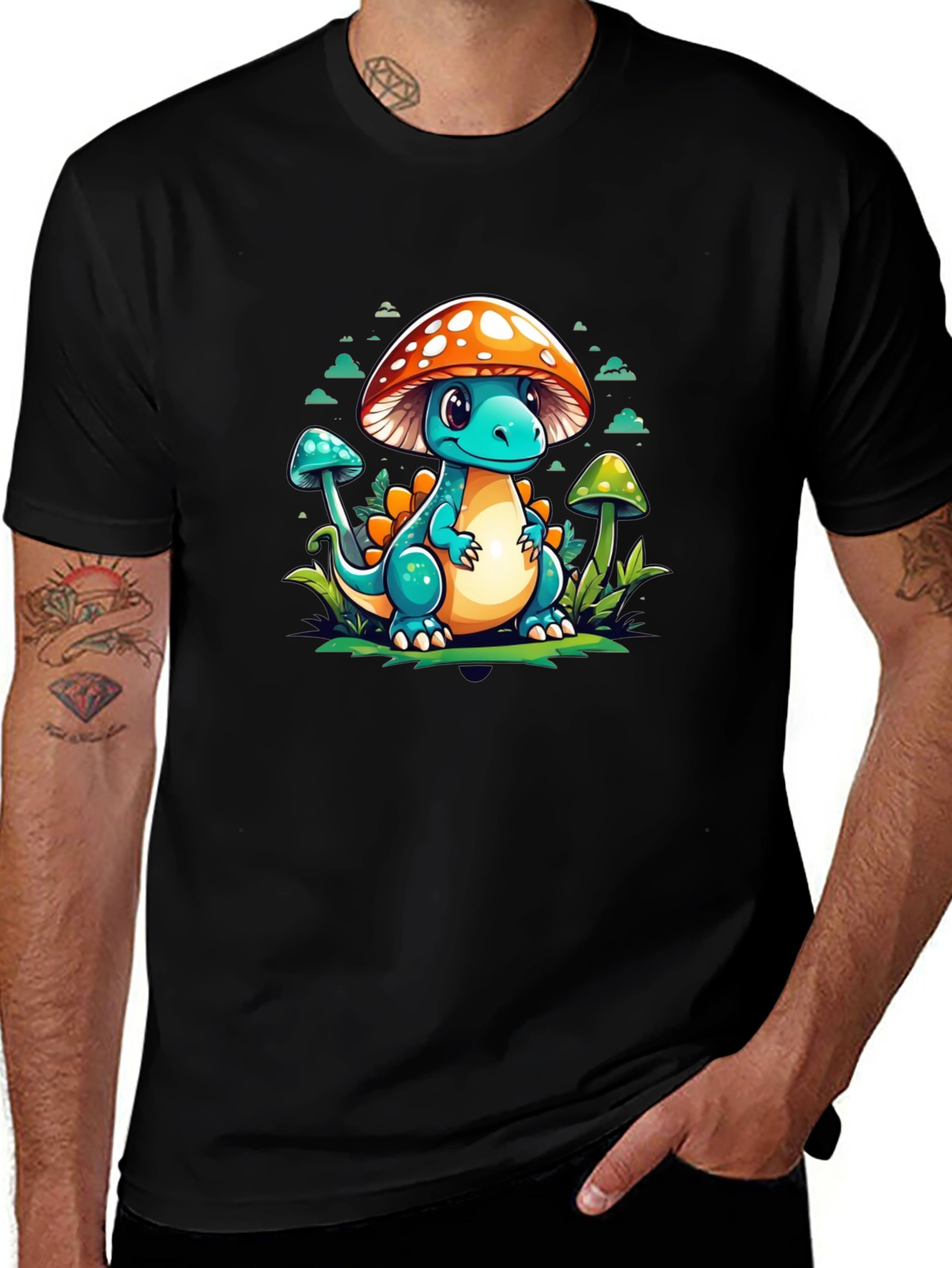 Mushroom Dino Graphic Tee - Cute Cartoon T-Shirt