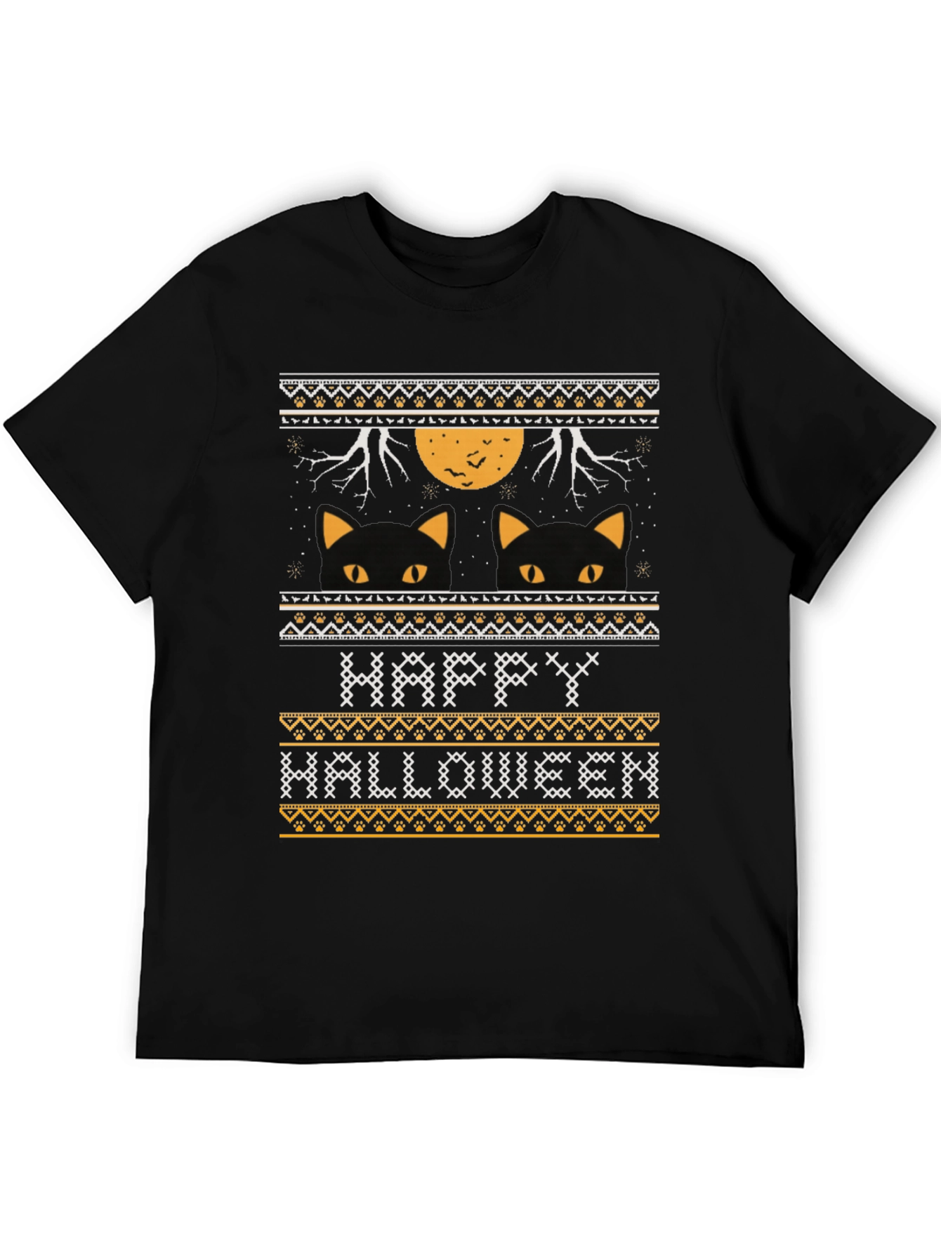Happy Halloween Black Cat Ugly Sweater Style T-Shirt