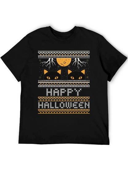 Happy Halloween Black Cat Ugly Sweater Style T-Shirt
