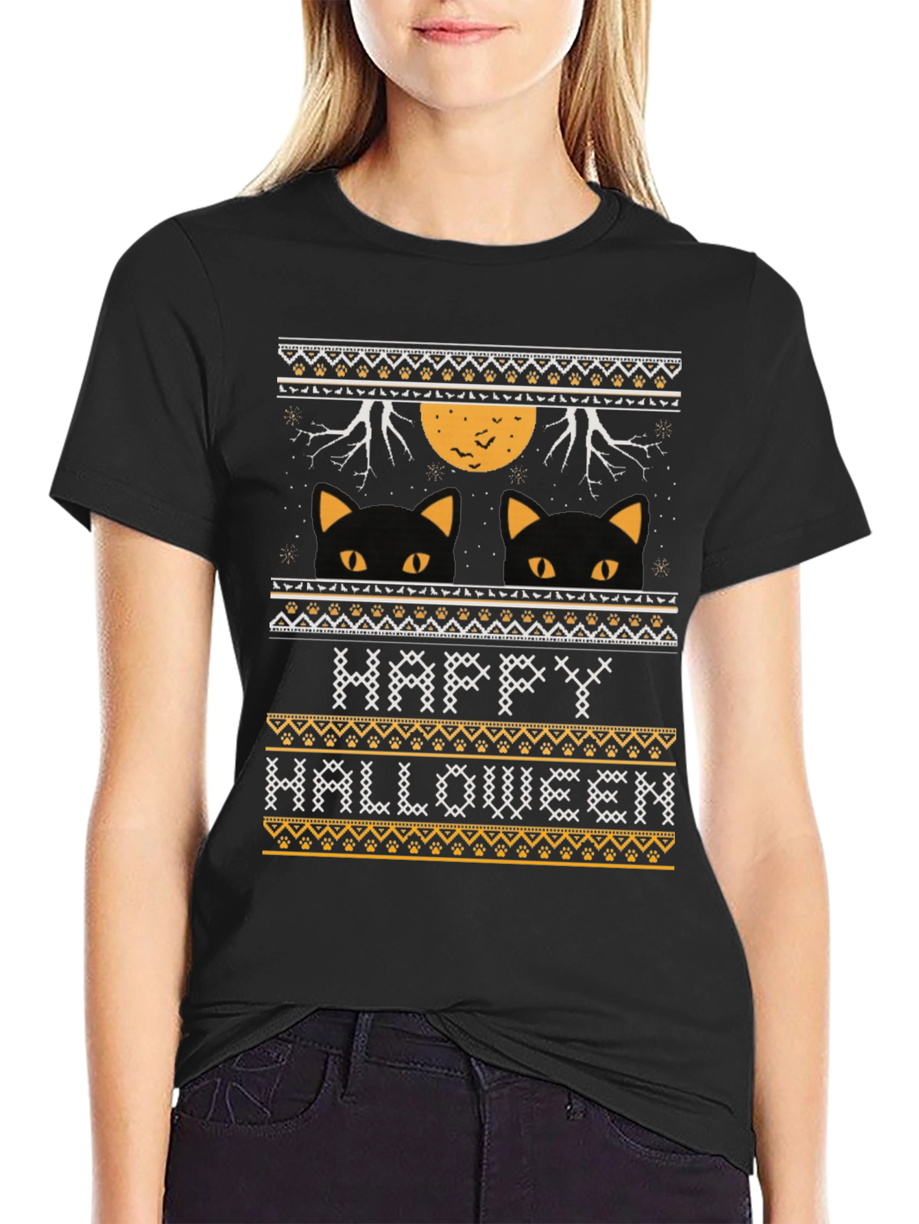 Happy Halloween Black Cat Ugly Sweater Style T-Shirt
