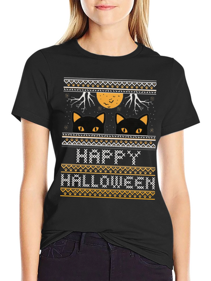 Happy Halloween Black Cat Ugly Sweater Style T-Shirt