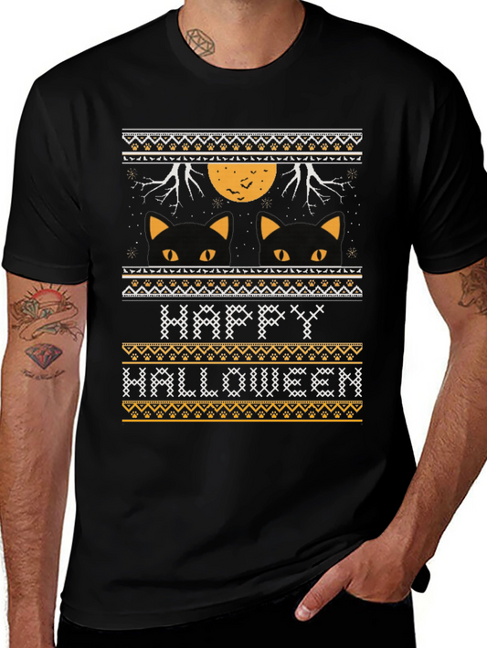 Happy Halloween Black Cat Ugly Sweater Style T-Shirt