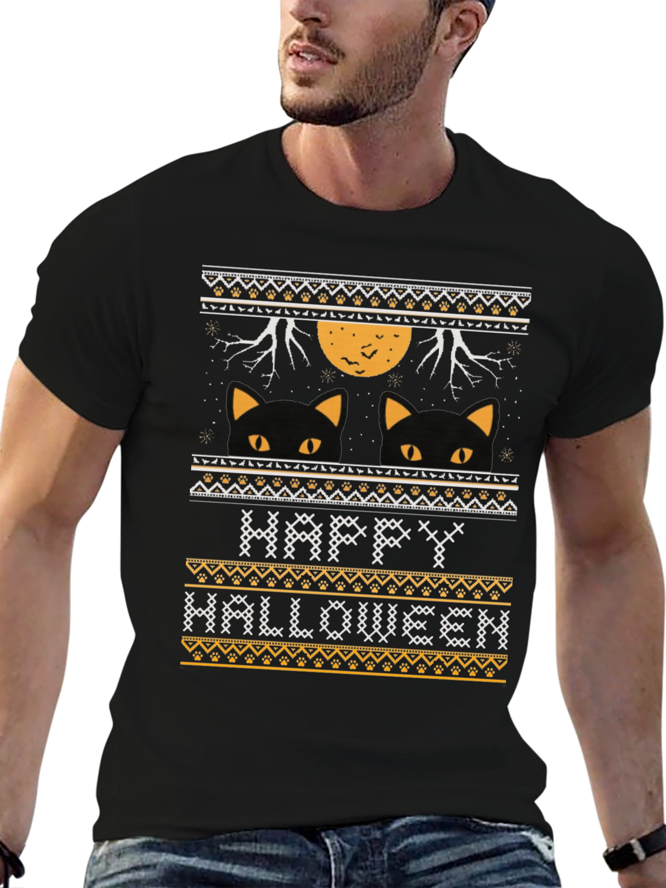 Happy Halloween Black Cat Ugly Sweater Style T-Shirt