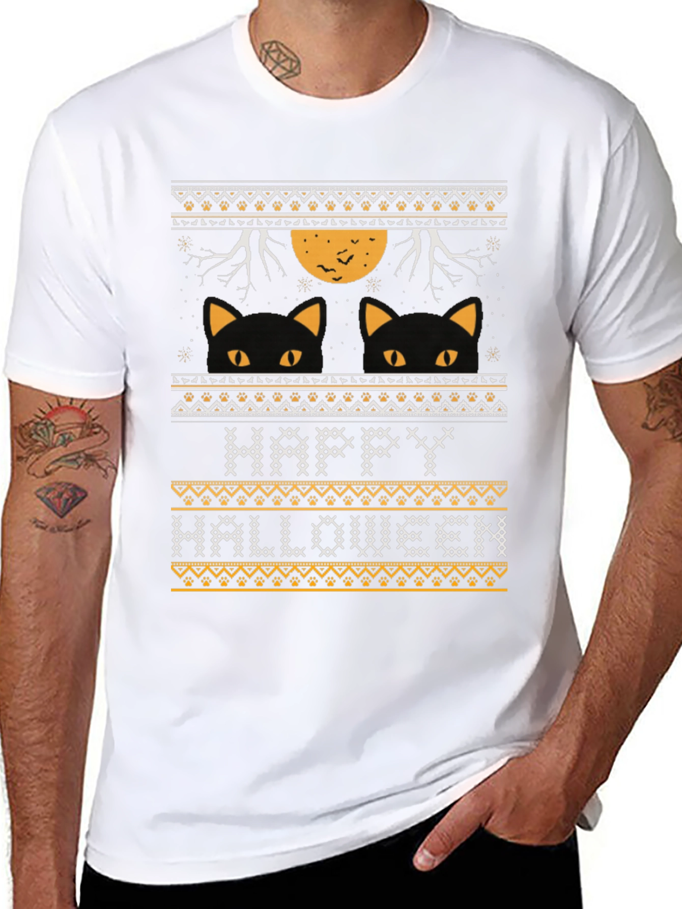 Happy Halloween Black Cat Ugly Sweater Style T-Shirt