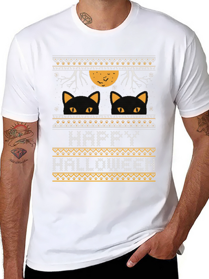 Happy Halloween Black Cat Ugly Sweater Style T-Shirt