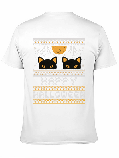 Happy Halloween Black Cat Ugly Sweater Style T-Shirt